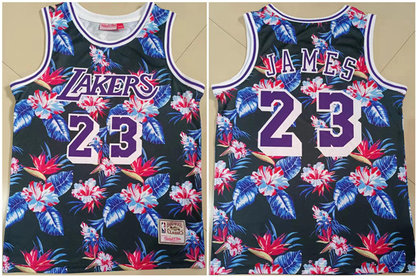 Men's Los Angeles Lakers #23 LeBron James Floral Hardwood Classics Stitched Jersey - Click Image to Close